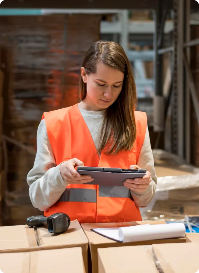 Women in orange PPE using a tablet.