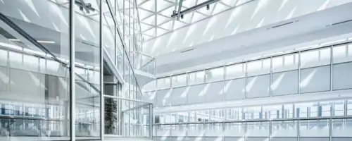 Glass windows in an office building.